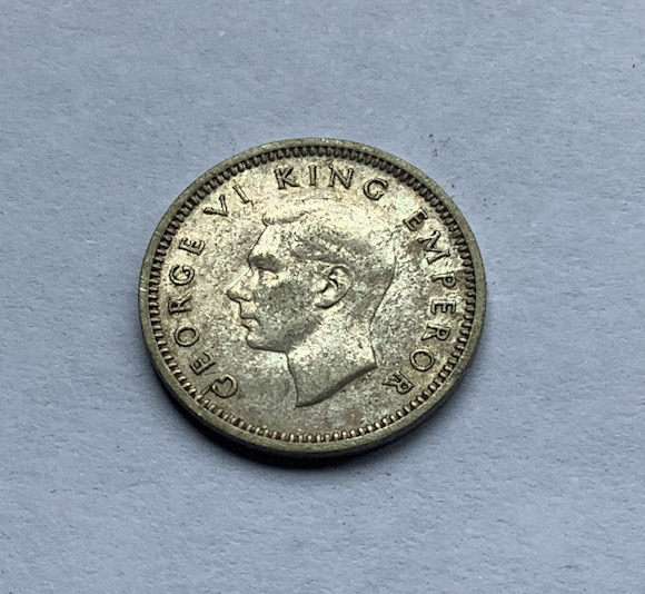 1944 New Zealand threepence coin .500 silver